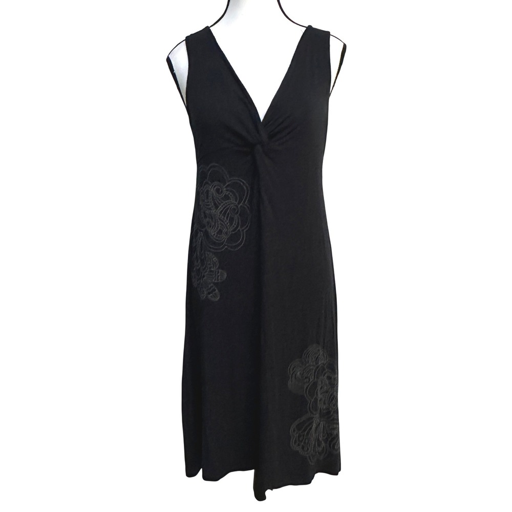 Aventura Midi Dress Twist Knit Front M Black Floral Bamboo Blend Boho Whimsigoth